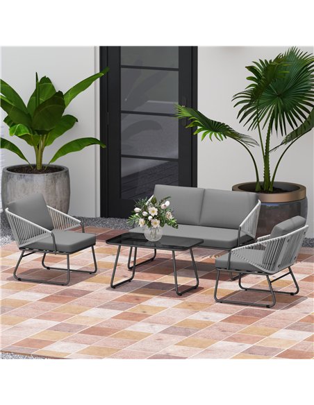 Outsunny 4 Piece Rattan Garden Furniture Set, Wicker Patio Outdoor Furniture Set with Loveseat, Armchairs, Glass Top Coffee Tabl - pic 122312 | FastDaddyshop