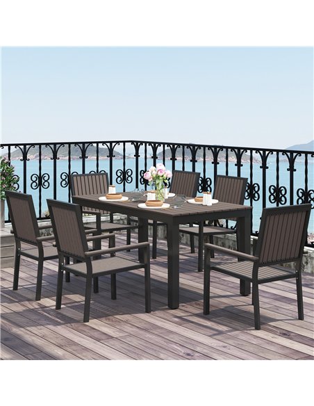 Outsunny 6 Seater Garden Dining Set with Stackable Chairs, Aluminium Frame, Rectangular Plastic Top, Garden Furniture Set, Outdo - pic 122314 | FastDaddyshop