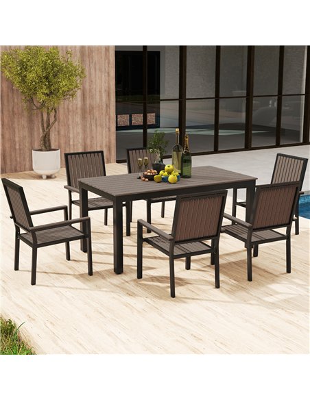 Outsunny 6 Seater Garden Dining Set with Stackable Chairs, Aluminium Frame, Rectangular Plastic Top, Garden Furniture Set, Outdo - pic 122320 | FastDaddyshop
