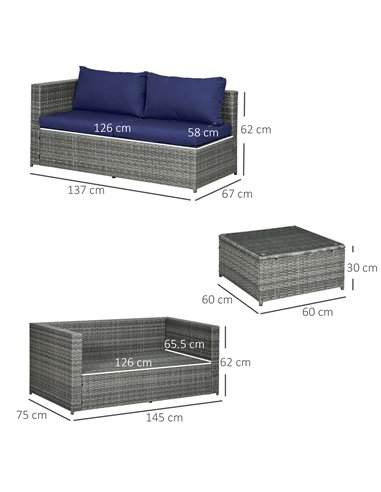 Outsunny 3 Pieces PE Rattan Garden Furniture Set with 10 cm Thick Cushions, 4 Seater Garden Corner Sofa Set with Glass Top Coffe