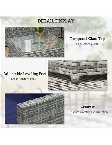 Outsunny 3 Pieces PE Rattan Garden Furniture Set with 10 cm Thick Cushions, 4 Seater Garden Corner Sofa Set with Glass Top Coffe