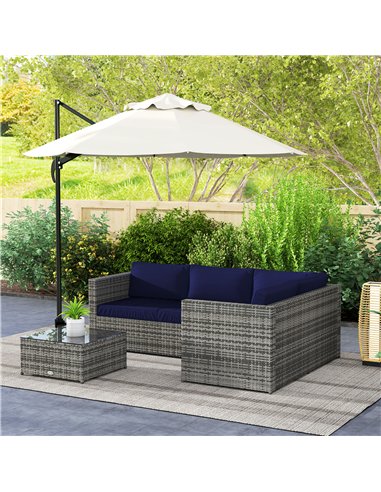 Outsunny 3 Pieces PE Rattan Garden Furniture Set with 10 cm Thick Cushions, 4 Seater Garden Corner Sofa Set with Glass Top Coffe