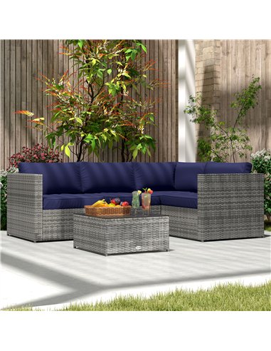 Outsunny 3 Pieces PE Rattan Garden Furniture Set with 10 cm Thick Cushions, 4 Seater Garden Corner Sofa Set with Glass Top Coffe