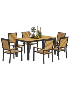 Outsunny 6 Seater Garden Dining Set with Stackable Chairs, Aluminium Frame, Rectangular Plastic Top, Garden Furniture Set, Outdo