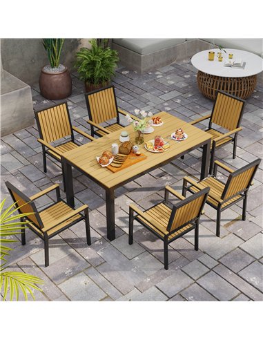 Outsunny 6 Seater Garden Dining Set with Stackable Chairs, Aluminium Frame, Rectangular Plastic Top, Garden Furniture Set, Outdo