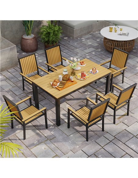 Outsunny 6 Seater Garden Dining Set with Stackable Chairs, Aluminium Frame, Rectangular Plastic Top, Garden Furniture Set, Outdo - pic 122355 | FastDaddyshop