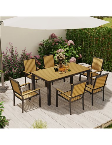 Outsunny 6 Seater Garden Dining Set with Stackable Chairs, Aluminium Frame, Rectangular Plastic Top, Garden Furniture Set, Outdo
