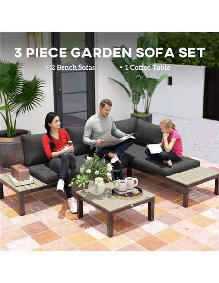 Outsunny 3 Pieces Garden Furniture Sets, Aluminium Outdoor Corner Sofa Set with 2 Loveseat and Coffee Table with Cushions for Ga - pic 122361 | FastDaddyshop