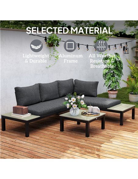 Outsunny 3 Pieces Garden Furniture Sets, Aluminium Outdoor Corner Sofa Set with 2 Loveseat and Coffee Table with Cushions for Ga - pic 122364 | FastDaddyshop