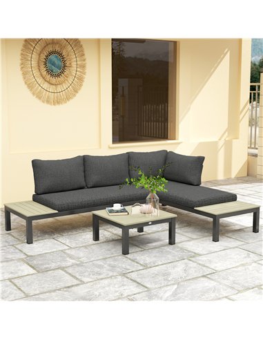 Outsunny 3 Pieces Garden Furniture Sets, Aluminium Outdoor Corner Sofa Set with 2 Loveseat and Coffee Table with Cushions for Ga