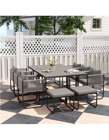 Outsunny 10 Seater Rattan Cube Garden Furniture Set, Rattan Dining Set with Cushions, Outdoor Dining Table and Chairs with 6 Arm