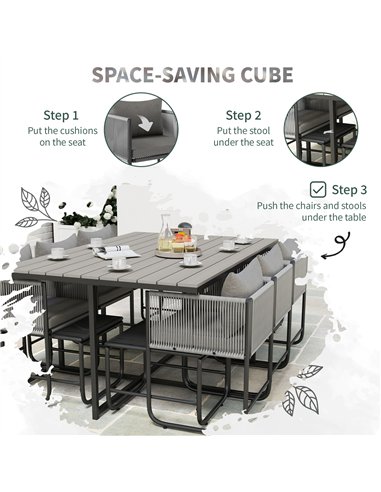 Outsunny 10 Seater Rattan Cube Garden Furniture Set, Rattan Dining Set with Cushions, Outdoor Dining Table and Chairs with 6 Arm