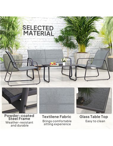 Outsunny 4 Piece Garden Furniture Set Outdoor Patio Sofa Set with Double Chair, Single Chairs and Glass Top Table for Terrace an