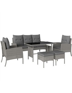 Outsunny 5 Seater Rattan Garden Furniture Set, 2 Armchairs, 3-Seater Wicker Sofa, 2 Footstools and Glass Table, 6 Piece Patio Ra