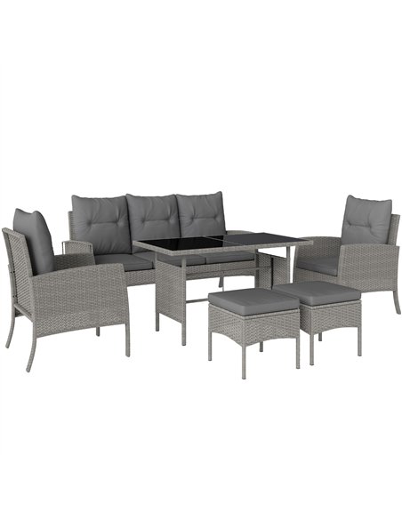 Outsunny 5 Seater Rattan Garden Furniture Set, 2 Armchairs, 3-Seater Wicker Sofa, 2 Footstools and Glass Table, 6 Piece Patio Ra - pic 122385 | FastDaddyshop