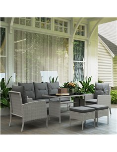 Outsunny 5 Seater Rattan Garden Furniture Set, 2 Armchairs, 3-Seater Wicker Sofa, 2 Footstools and Glass Table, 6 Piece Patio Ra 2