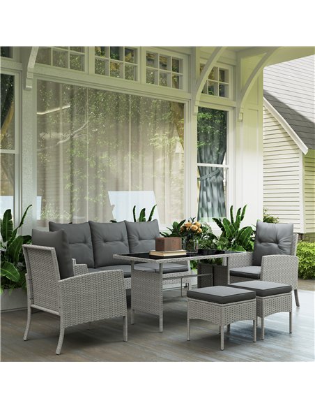 Outsunny 5 Seater Rattan Garden Furniture Set, 2 Armchairs, 3-Seater Wicker Sofa, 2 Footstools and Glass Table, 6 Piece Patio Ra - pic 122386 | FastDaddyshop