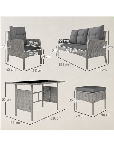 Outsunny 5 Seater Rattan Garden Furniture Set, 2 Armchairs, 3-Seater Wicker Sofa, 2 Footstools and Glass Table, 6 Piece Patio Ra