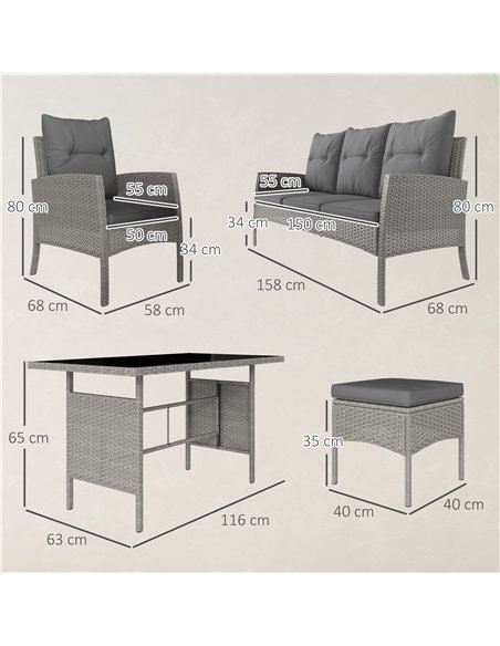 Outsunny 5 Seater Rattan Garden Furniture Set, 2 Armchairs, 3-Seater Wicker Sofa, 2 Footstools and Glass Table, 6 Piece Patio Ra - pic 122387 | FastDaddyshop