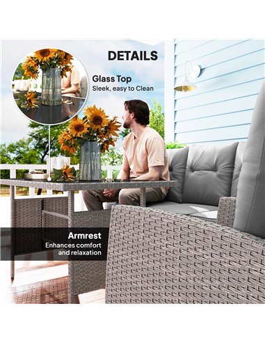 Outsunny 5 Seater Rattan Garden Furniture Set, 2 Armchairs, 3-Seater Wicker Sofa, 2 Footstools and Glass Table, 6 Piece Patio Ra
