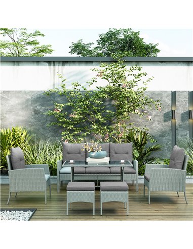 Outsunny 5 Seater Rattan Garden Furniture Set, 2 Armchairs, 3-Seater Wicker Sofa, 2 Footstools and Glass Table, 6 Piece Patio Ra