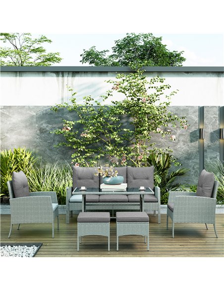Outsunny 5 Seater Rattan Garden Furniture Set, 2 Armchairs, 3-Seater Wicker Sofa, 2 Footstools and Glass Table, 6 Piece Patio Ra - pic 122392 | FastDaddyshop
