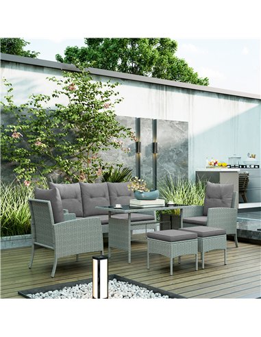 Outsunny 5 Seater Rattan Garden Furniture Set, 2 Armchairs, 3-Seater Wicker Sofa, 2 Footstools and Glass Table, 6 Piece Patio Ra