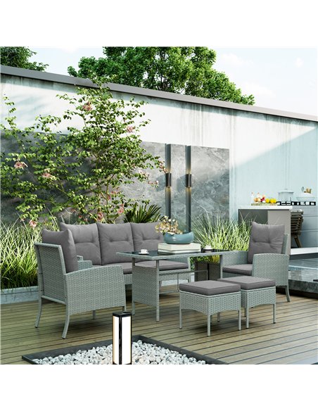 Outsunny 5 Seater Rattan Garden Furniture Set, 2 Armchairs, 3-Seater Wicker Sofa, 2 Footstools and Glass Table, 6 Piece Patio Ra - pic 122393 | FastDaddyshop
