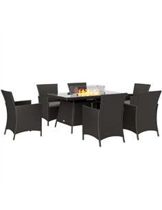 Outsunny 7 Pieces Outdoor Rattan Garden Furniture with Fire Pit Table, 6 Seater Garden Table and Chairs with Cushions, Rattan Di