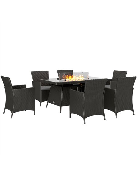 Outsunny 7 Pieces Outdoor Rattan Garden Furniture with Fire Pit Table, 6 Seater Garden Table and Chairs with Cushions, Rattan Di - pic 122412 | FastDaddyshop
