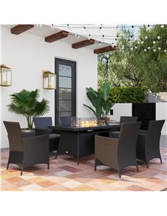 Outsunny 7 Pieces Outdoor Rattan Garden Furniture with Fire Pit Table, 6 Seater Garden Table and Chairs with Cushions, Rattan Di 2