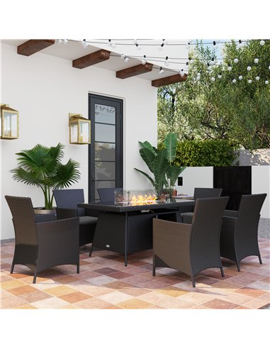 Outsunny 7 Pieces Outdoor Rattan Garden Furniture with Fire Pit Table, 6 Seater Garden Table and Chairs with Cushions, Rattan Di