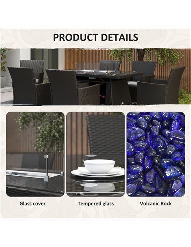 Outsunny 7 Pieces Outdoor Rattan Garden Furniture with Fire Pit Table, 6 Seater Garden Table and Chairs with Cushions, Rattan Di