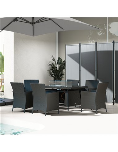 Outsunny 7 Pieces Outdoor Rattan Garden Furniture with Fire Pit Table, 6 Seater Garden Table and Chairs with Cushions, Rattan Di