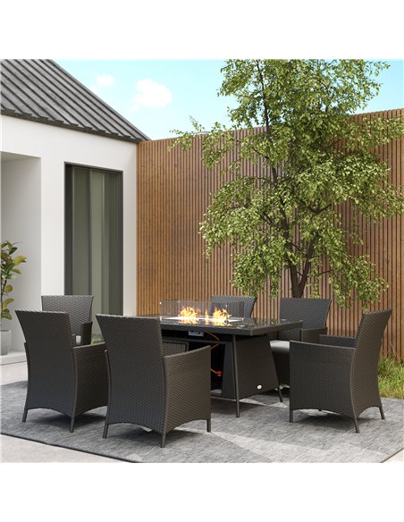 Outsunny 7 Pieces Outdoor Rattan Garden Furniture with Fire Pit Table, 6 Seater Garden Table and Chairs with Cushions, Rattan Di - pic 122420 | FastDaddyshop