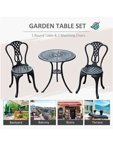 Outsunny 3 Piece Patio Cast Aluminium Bistro Set Garden Outdoor Furniture Table and Chairs Shabby Chic Style