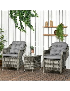 Outsunny 3 Pieces Rattan Bistro Set, Wicker Garden Bistro Set, Glass Top Balcony Table and Chairs with Cushions for Outdoor, Pat 2
