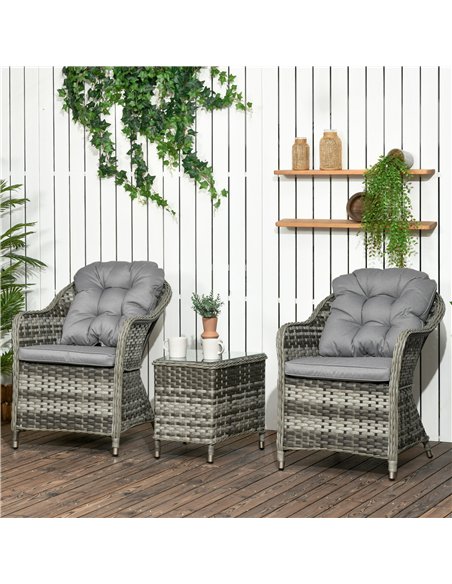 Outsunny 3 Pieces Rattan Bistro Set, Wicker Garden Bistro Set, Glass Top Balcony Table and Chairs with Cushions for Outdoor, Pat - pic 122449 | FastDaddyshop