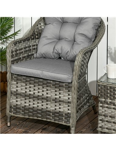 Outsunny 3 Pieces Rattan Bistro Set, Wicker Garden Bistro Set, Glass Top Balcony Table and Chairs with Cushions for Outdoor, Pat
