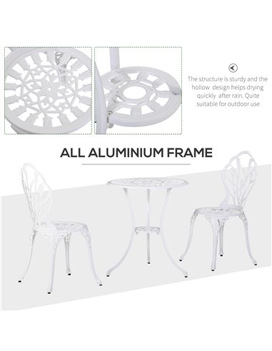 Outsunny 3 Piece Patio Bistro Set for 2, Outdoor Aluminium Garden Table and Chairs with Umbrella Hole for Balcony, White