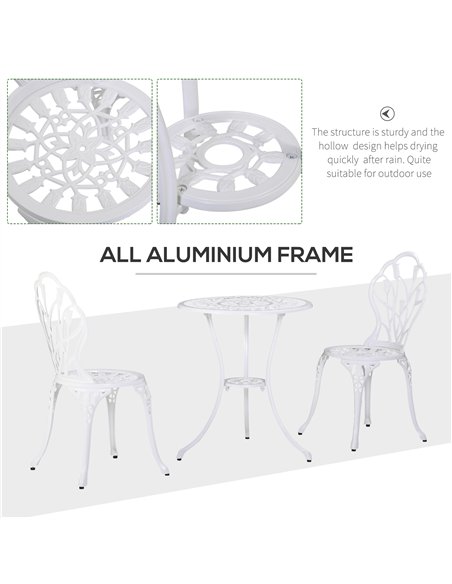 Outsunny 3 Piece Patio Bistro Set for 2, Outdoor Aluminium Garden Table and Chairs with Umbrella Hole for Balcony, White - pic 122461 | FastDaddyshop