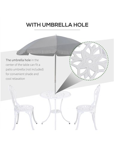 Outsunny 3 Piece Patio Bistro Set for 2, Outdoor Aluminium Garden Table and Chairs with Umbrella Hole for Balcony, White