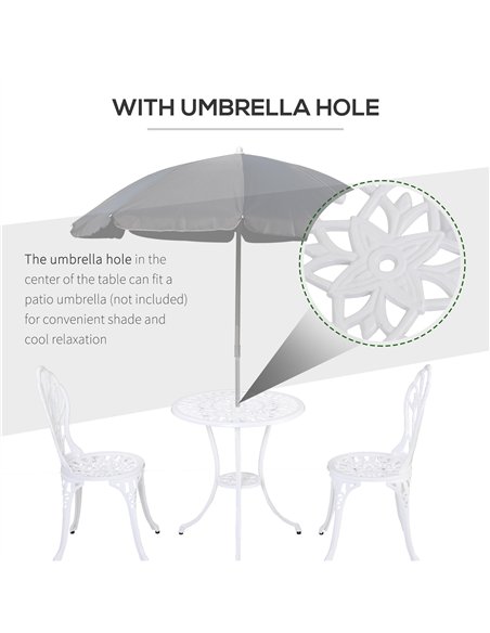Outsunny 3 Piece Patio Bistro Set for 2, Outdoor Aluminium Garden Table and Chairs with Umbrella Hole for Balcony, White - pic 122462 | FastDaddyshop