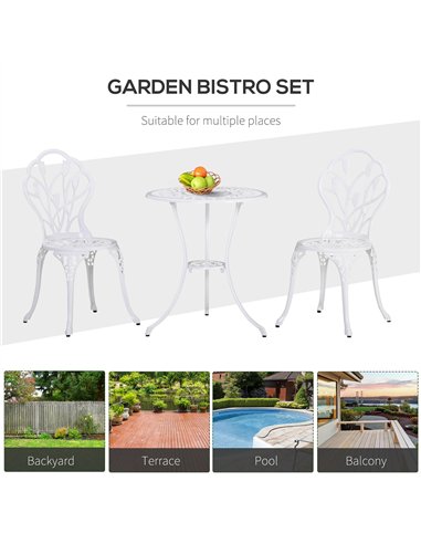 Outsunny 3 Piece Patio Bistro Set for 2, Outdoor Aluminium Garden Table and Chairs with Umbrella Hole for Balcony, White