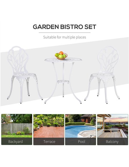 Outsunny 3 Piece Patio Bistro Set for 2, Outdoor Aluminium Garden Table and Chairs with Umbrella Hole for Balcony, White - pic 122463 | FastDaddyshop