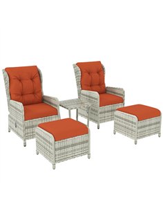 Outsunny 5 Pieces Rattan Bistro Set with Adjustable Back, Reclining Wicker Balcony Furniture with Cushions, Glass Top Coffee Tab