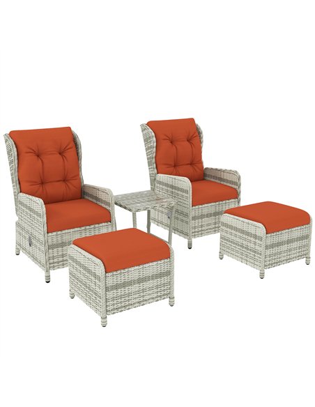 Outsunny 5 Pieces Rattan Bistro Set with Adjustable Back, Reclining Wicker Balcony Furniture with Cushions, Glass Top Coffee Tab - pic 122475 | FastDaddyshop