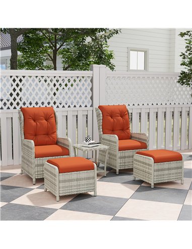 Outsunny 5 Pieces Rattan Bistro Set with Adjustable Back, Reclining Wicker Balcony Furniture with Cushions, Glass Top Coffee Tab