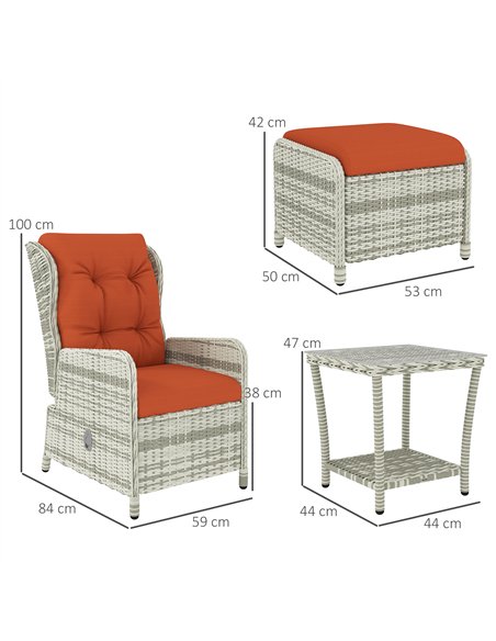 Outsunny 5 Pieces Rattan Bistro Set with Adjustable Back, Reclining Wicker Balcony Furniture with Cushions, Glass Top Coffee Tab - pic 122477 | FastDaddyshop