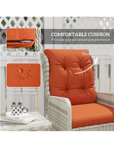 Outsunny 5 Pieces Rattan Bistro Set with Adjustable Back, Reclining Wicker Balcony Furniture with Cushions, Glass Top Coffee Tab